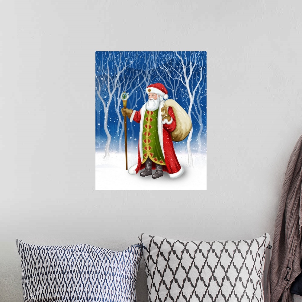A bohemian room featuring Traditional image of Santa Claus in a snowy forest.