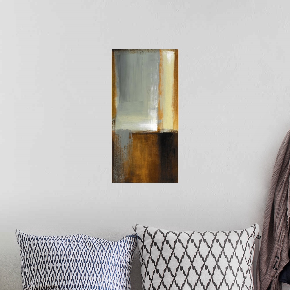 A bohemian room featuring Vertical abstract painting on canvas of various patches of color layered on top of one another.
