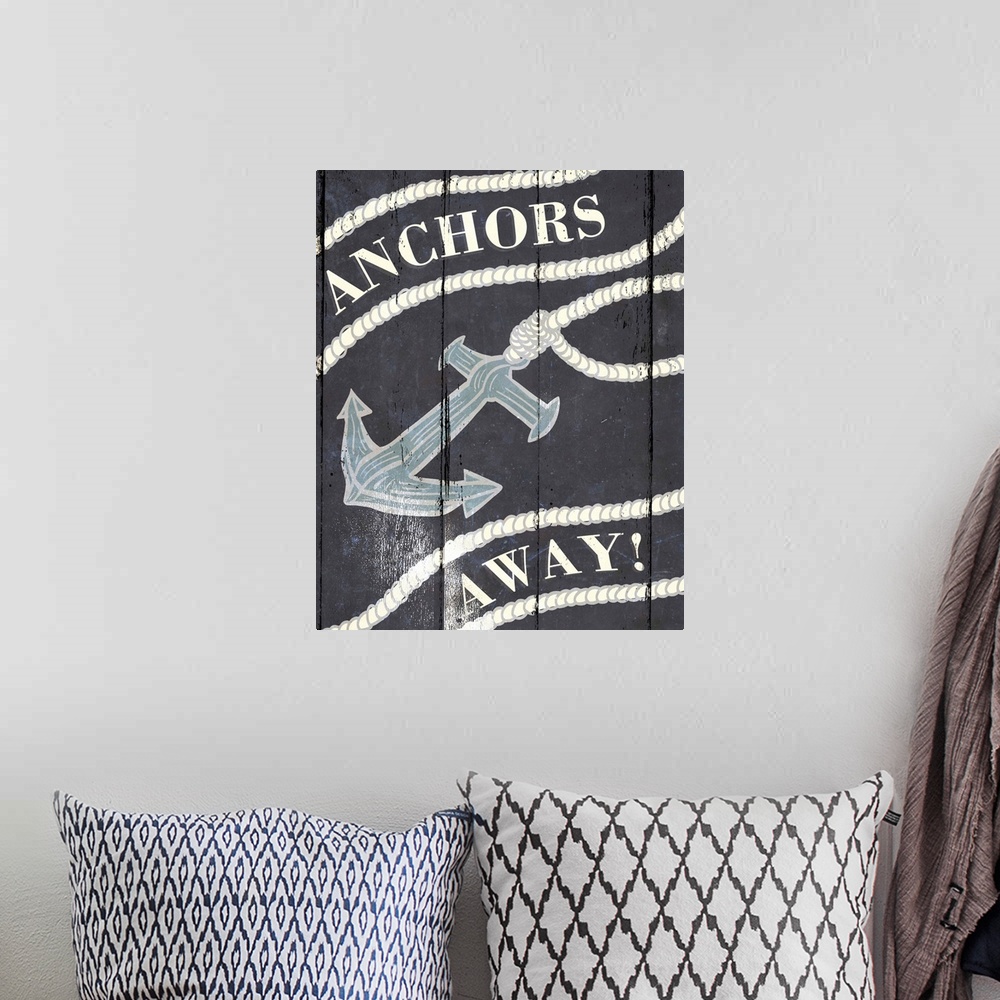 A bohemian room featuring Illustration of an anchor tied to a rope with the words "Anchors Away!"