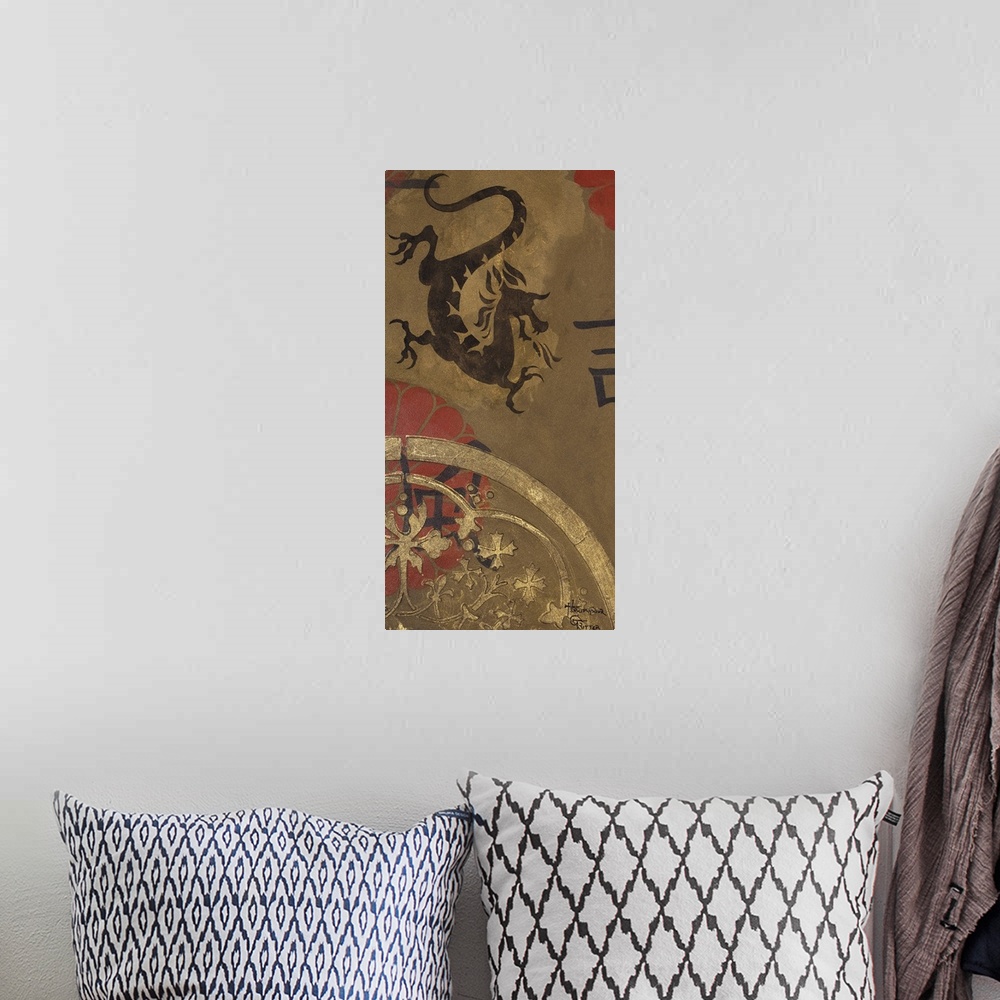 A bohemian room featuring A painted dragon is the focal point of this piece with red floras and a golden design surrounding...