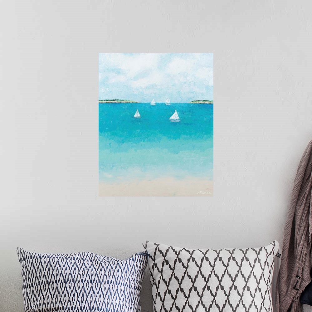 A bohemian room featuring Four tiny white sailboats on cool blue water.