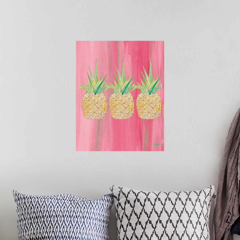 A bohemian room featuring Painting of three pineapples created with metallic gold geometric shapes on a pink background.