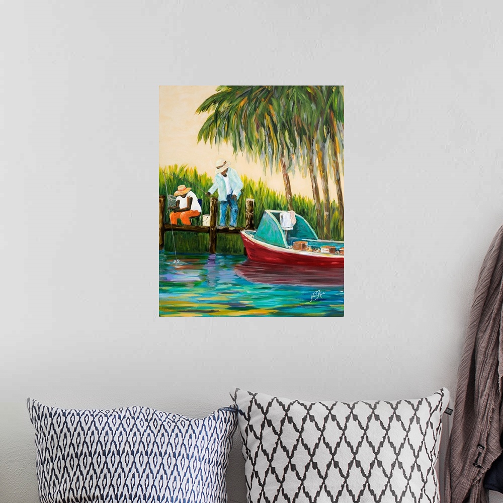 A bohemian room featuring Two men on a wooden dock near palm trees with a red fishing boat.