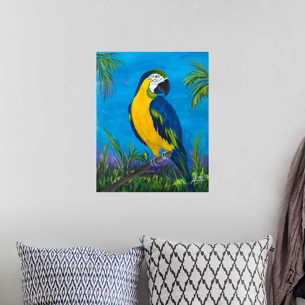 A bohemian room featuring Contemporary painting of a parrot on a branch surrounded by lush green trees and plants with a br...