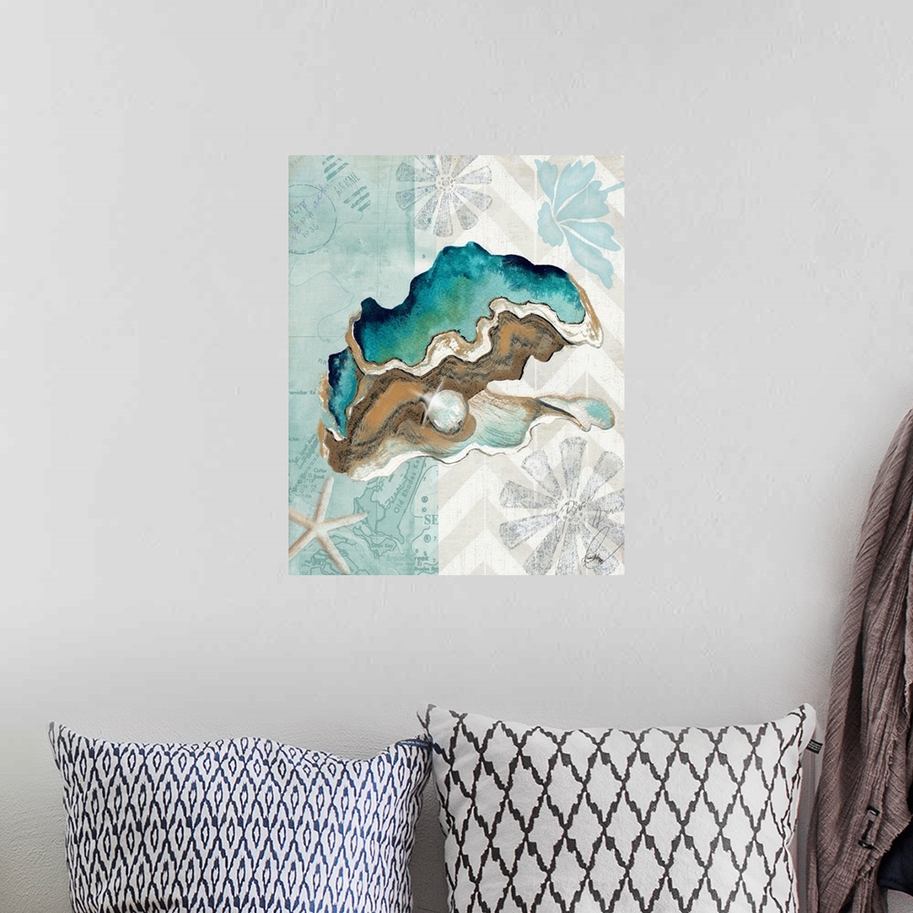 A bohemian room featuring A watercolor painting of an oyster shell with a pearl on a decorative nautical background.