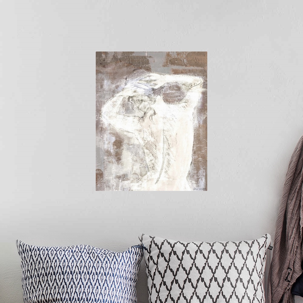 A bohemian room featuring Contemporary painting of a nude figure on a textured brown background.