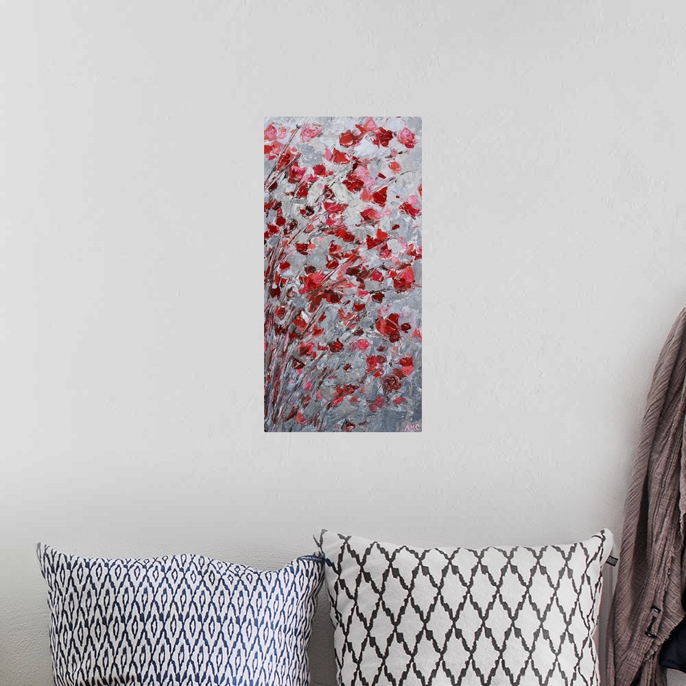 A bohemian room featuring Contemporary painting of little red flowers on thin branches resembling a cherry blossom tree.