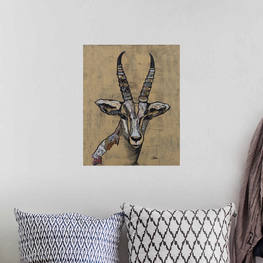 A bohemian room featuring Portrait of a Thompson's Gazelle with patterned collage elements.