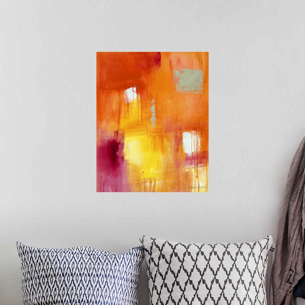 A bohemian room featuring Contemporary abstract watercolor painting with dripping paint and square-like shapes created from...
