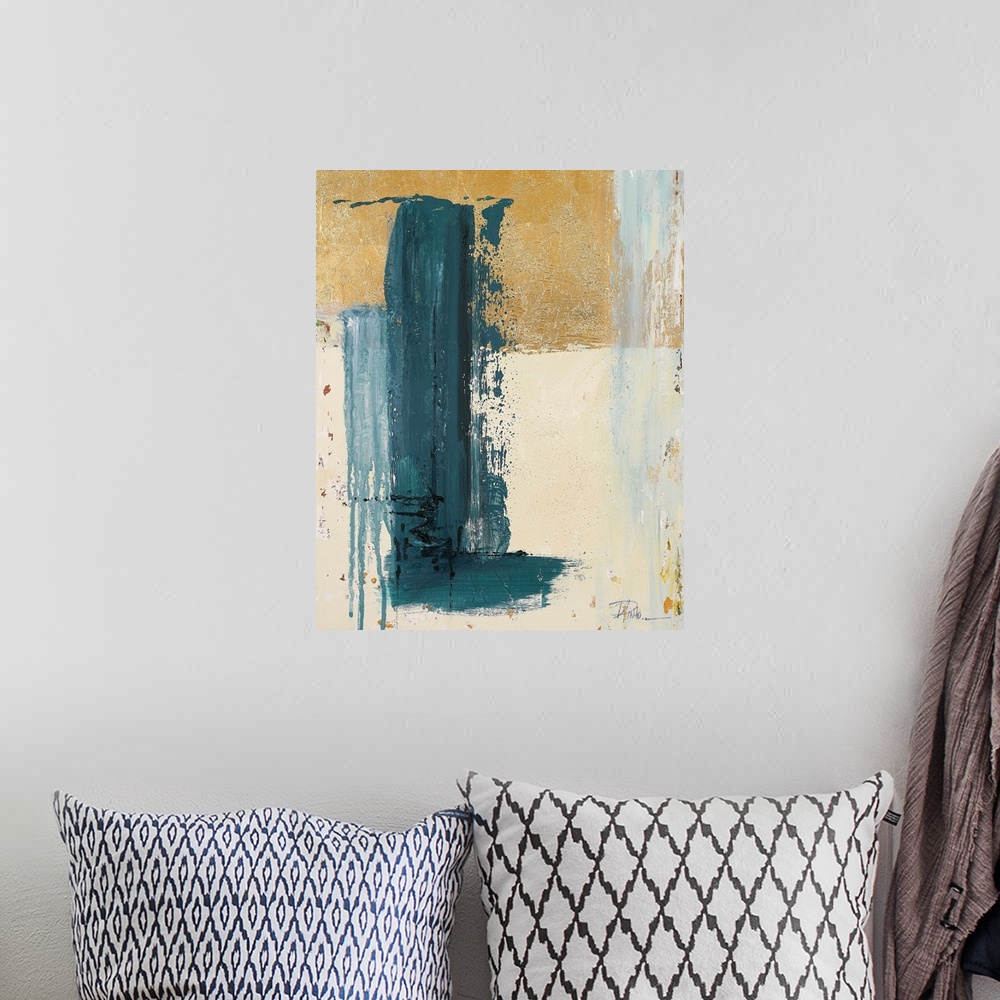 A bohemian room featuring An abstract painting with a bold, blue brush stroke moving vertically down and stopped by a small...