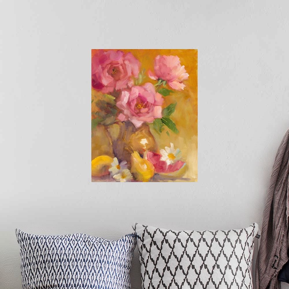 A bohemian room featuring Still life painting of three pink roses in a vase with fruit slices.