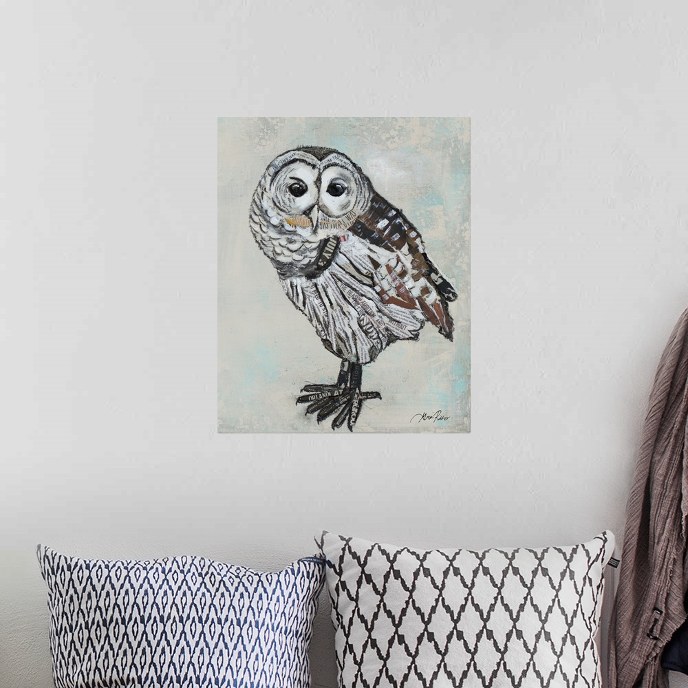 A bohemian room featuring Portrait of a barred owl.