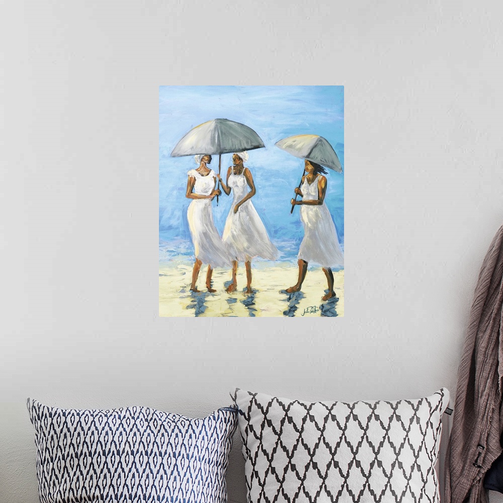 A bohemian room featuring Painting of three women in white holding parasols by the water's edge.