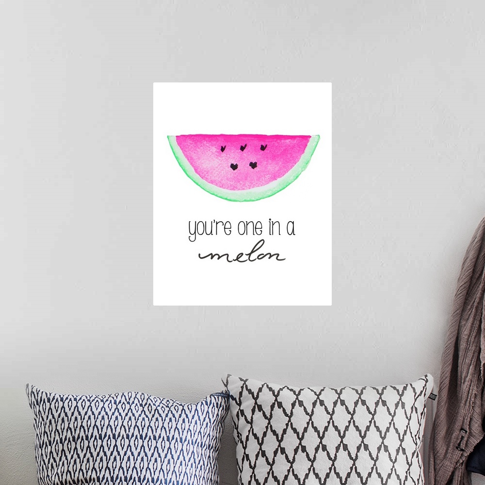 A bohemian room featuring Watercolor painting of a slice of watermelon with the phrase "you're one in a melon" written at t...