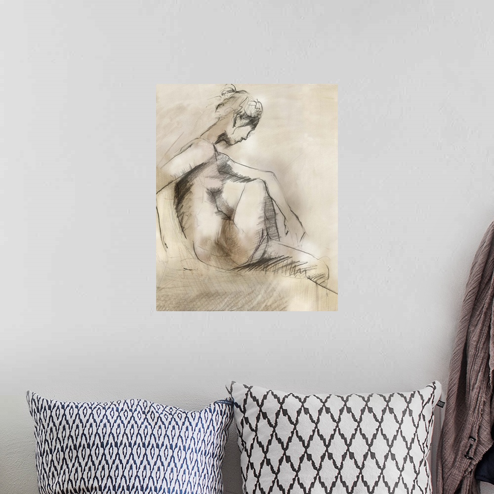 A bohemian room featuring Contemporary drawing of a female nude profile, in a seated position.