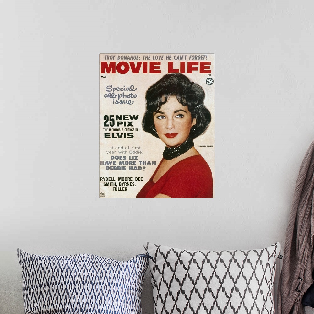 A bohemian room featuring Cover of the May 1960 issue of 'Movie Life' magazine, featuring actress Elizabeth Taylor.