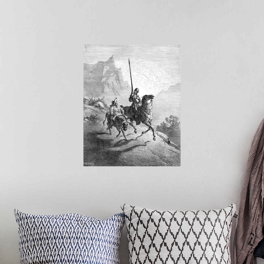 A bohemian room featuring Don Quixote and Sancho Panza setting out at dawn in search of adventure: wood engraving after Gus...