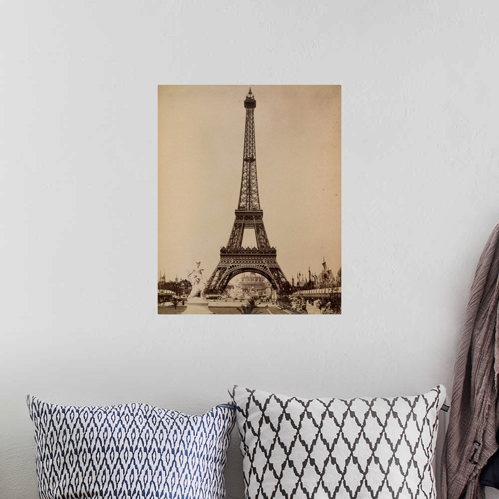 A bohemian room featuring A view of the Eiffel Tower during the Universal Exposition of 1889 in Paris, France. Photograph, ...