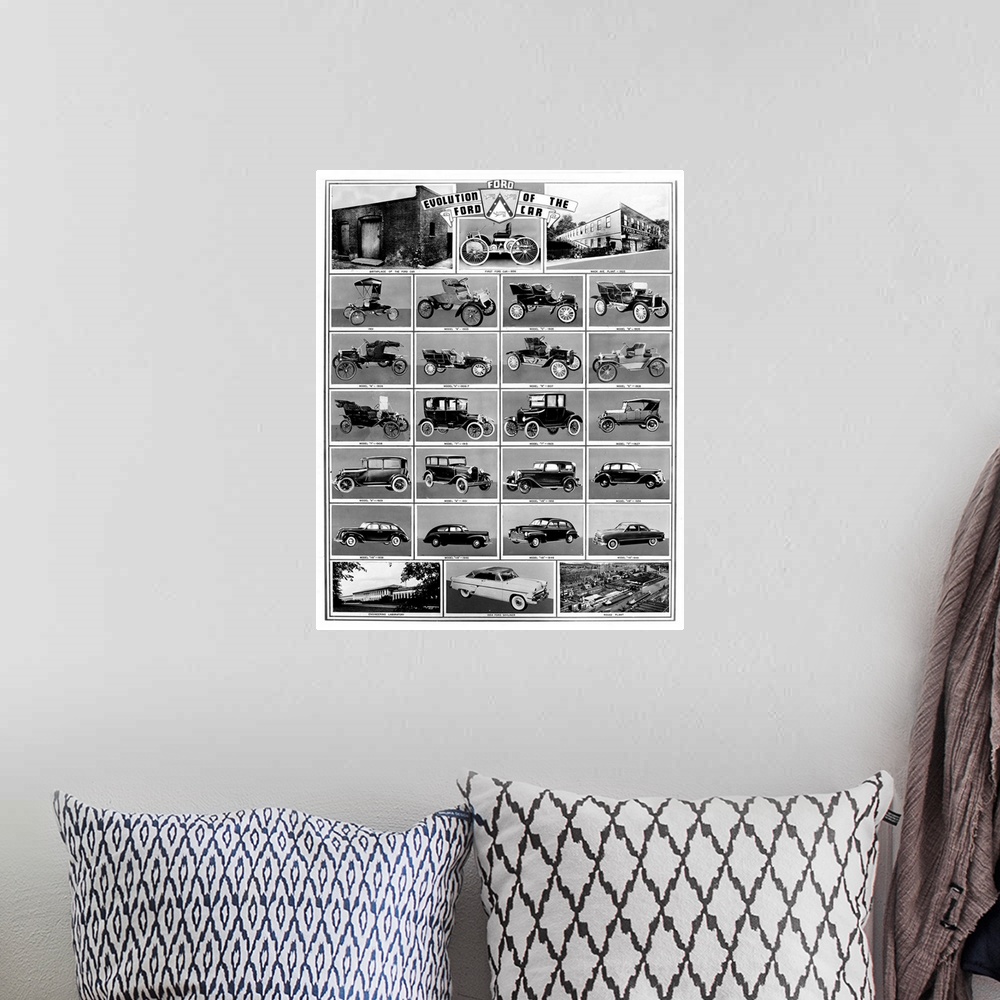 A bohemian room featuring Evolution of the Ford Car. Models from 1896 to 1954. Ford Motor Company publicity photo.