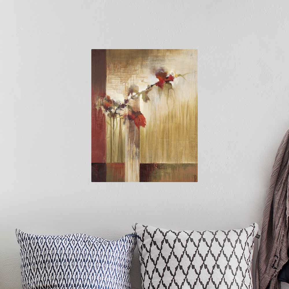 A bohemian room featuring Contemporary painting of red flowers on a branch against an abstract muted background.