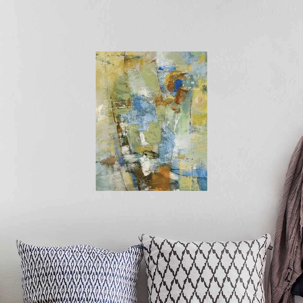 A bohemian room featuring A contemporary abstract painting using tones of blue and green, with hints of earth tones.