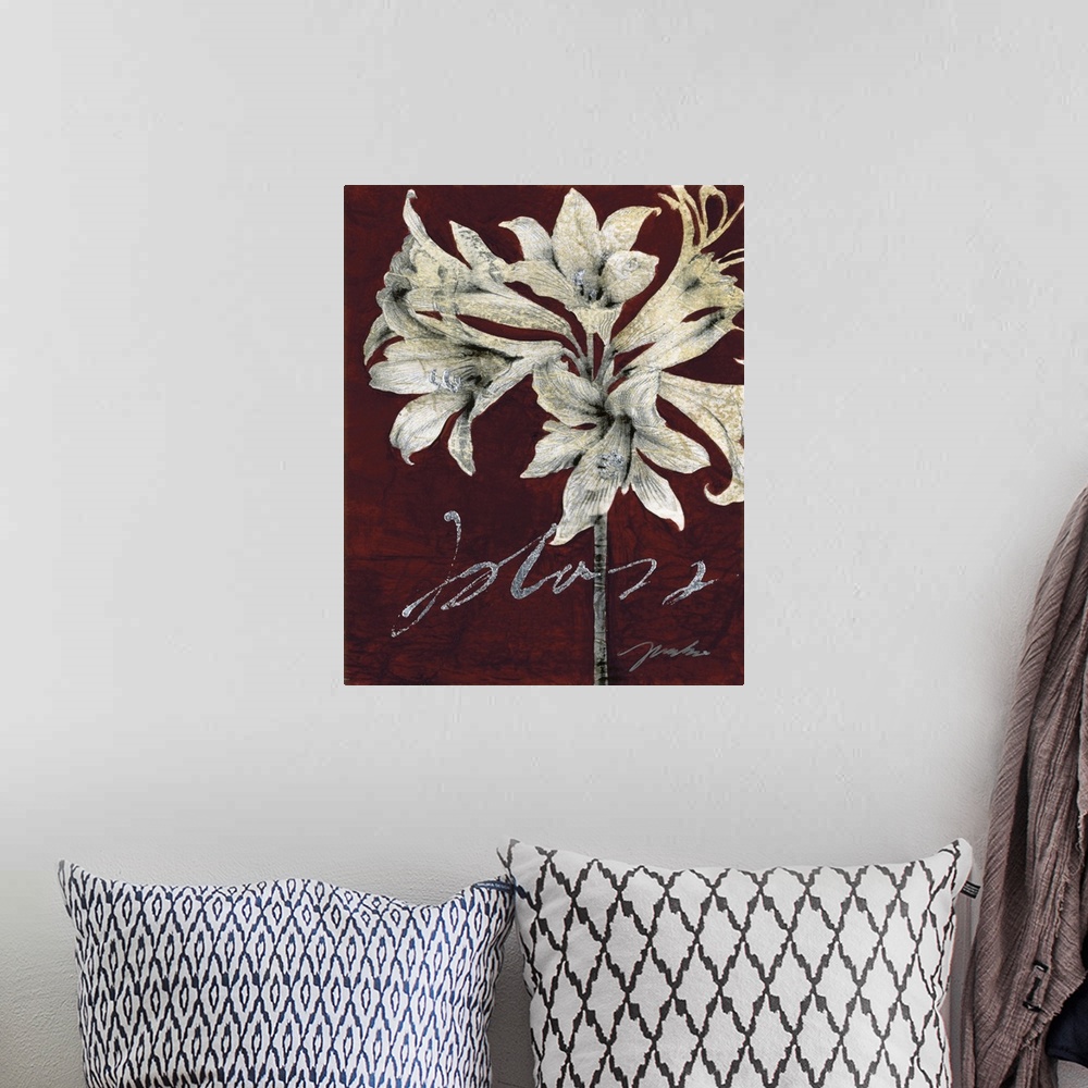A bohemian room featuring A vertical decorative design of a group of white lilies on a burgundy backdrop.