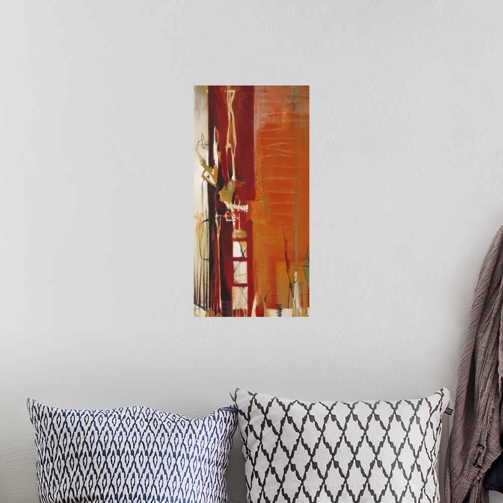 A bohemian room featuring Contemporary abstract painting using contrasting deep colors and intricate lines.