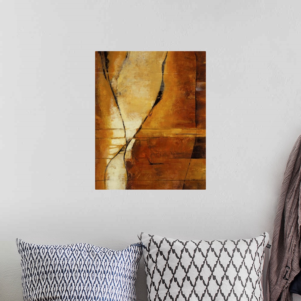 A bohemian room featuring Contemporary abstract painting using rich earth tons.