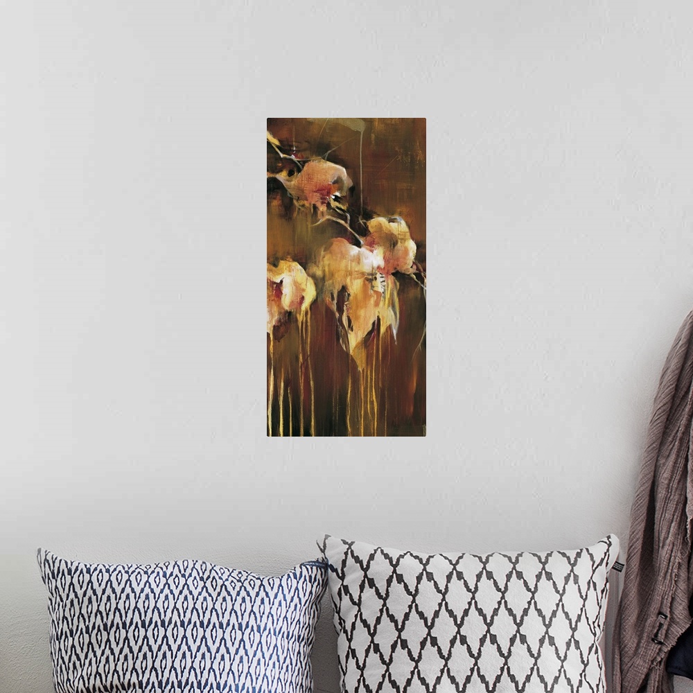 A bohemian room featuring Abstract painting using earth tones to create flowers that look as though they are dripping.