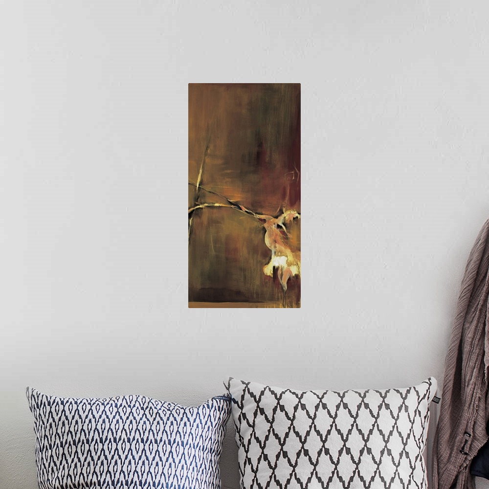 A bohemian room featuring Abstract painting using earth tones to create a flower that looks as though it is wilting.