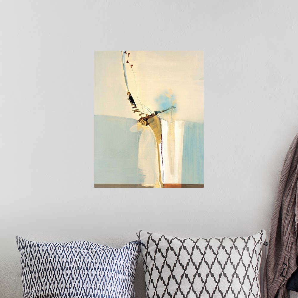 A bohemian room featuring Contemporary abstract painting using pale gold and beige tones with sinuous like forms.