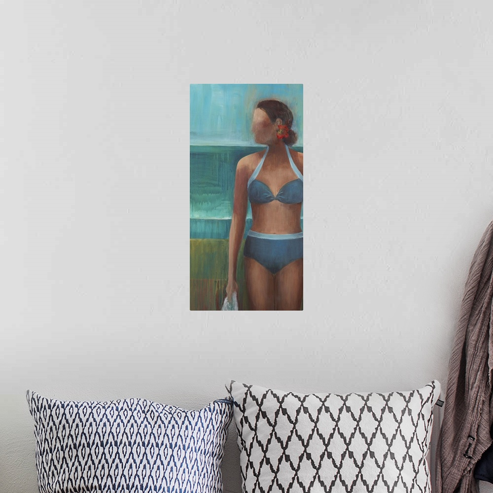 A bohemian room featuring Contemporary figurative painting of a woman wearing a blue bikini.