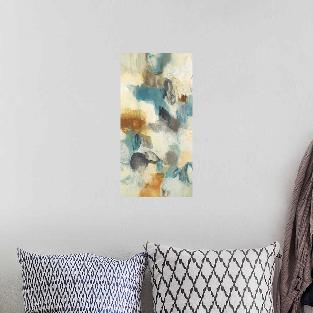A bohemian room featuring Contemporary abstract painting using blue orange and gray tones against a beige background.