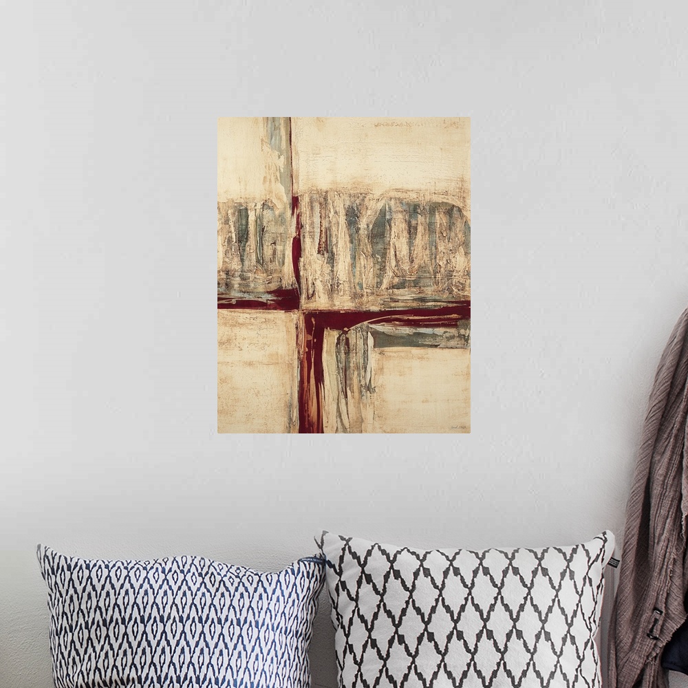 A bohemian room featuring Contemporary abstract painting using neutral tones mixed with vibrant warm tones.