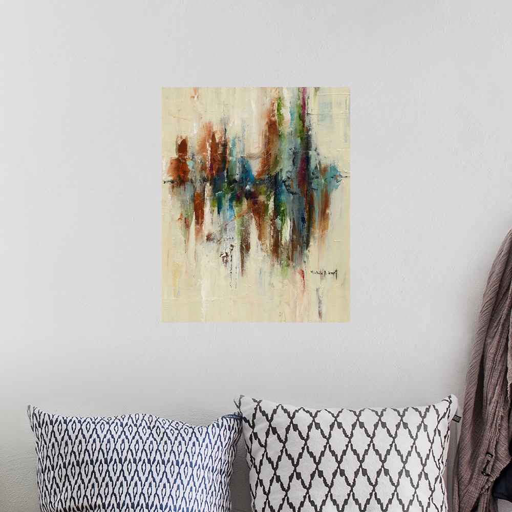 A bohemian room featuring Large abstract painting created with textured earth tones.