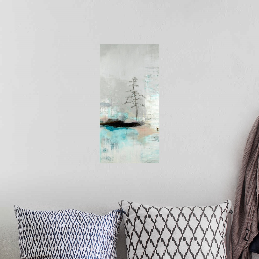 A bohemian room featuring A light toned, contemporary painting featuring a lone tree on an island, in a very abstracted form