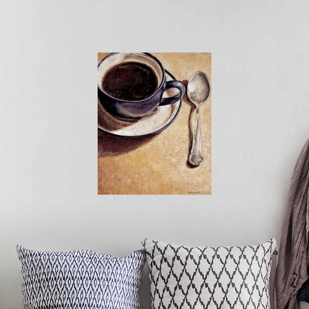A bohemian room featuring Contemporary painting of a cup of coffee with a spoon.