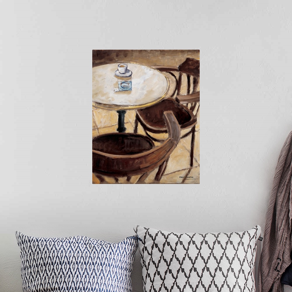 A bohemian room featuring Contemporary painting of a cafe table and chairs.