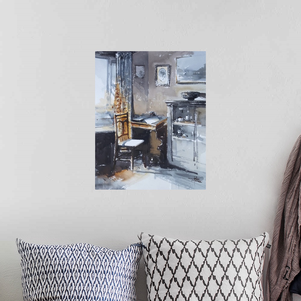 A bohemian room featuring This contemporary artwork features dry watercolor brush stokes to illustrate an antique office sp...
