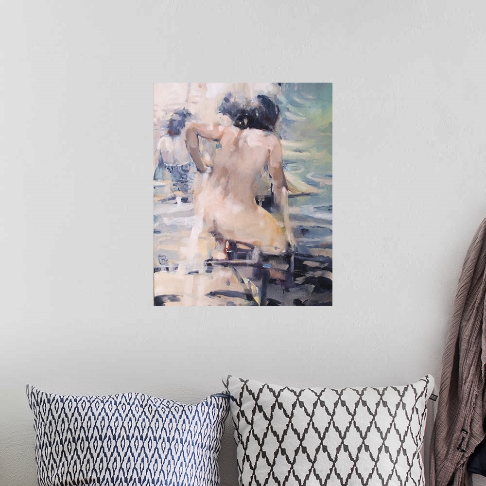 A bohemian room featuring A contemporary portrait of an Italian bather uses impressionistic brush strokes in cool shades of...