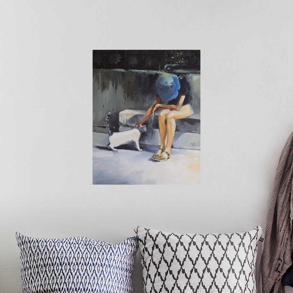 A bohemian room featuring This contemporary artwork features a woman wearing a blue hat petting a cat with bright highlight...