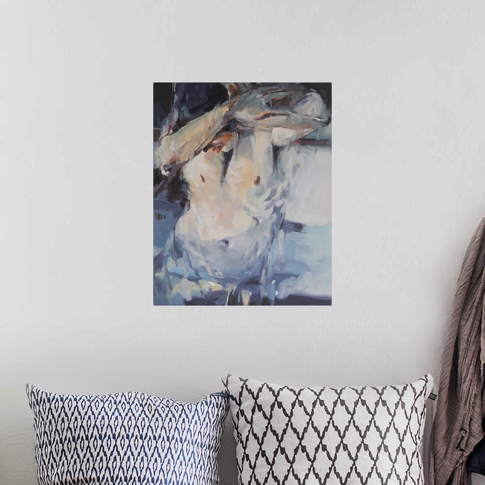 A bohemian room featuring A contemporary portrait of an expressive figure uses impressionistic brush strokes in cool blues ...