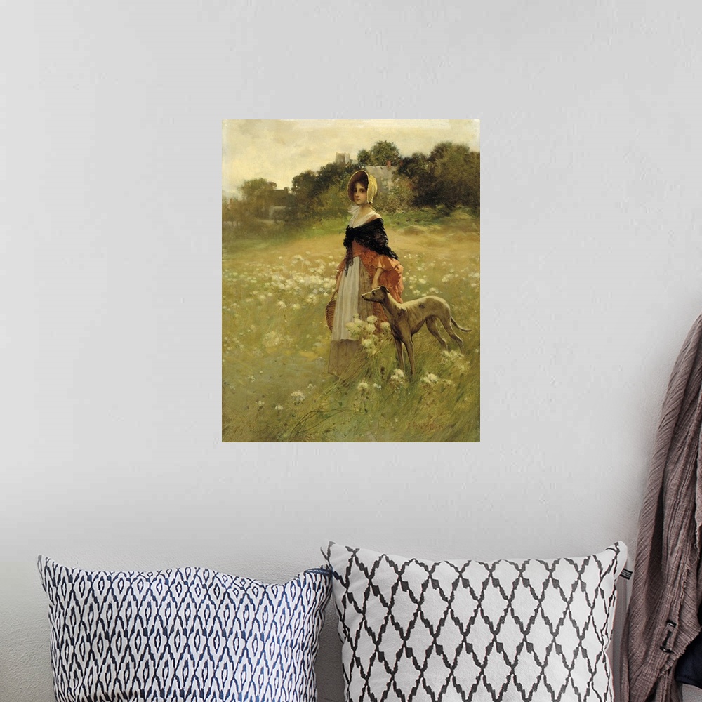 A bohemian room featuring This scene of a young girl and her dog in a windswept field is a romantic image of American colon...