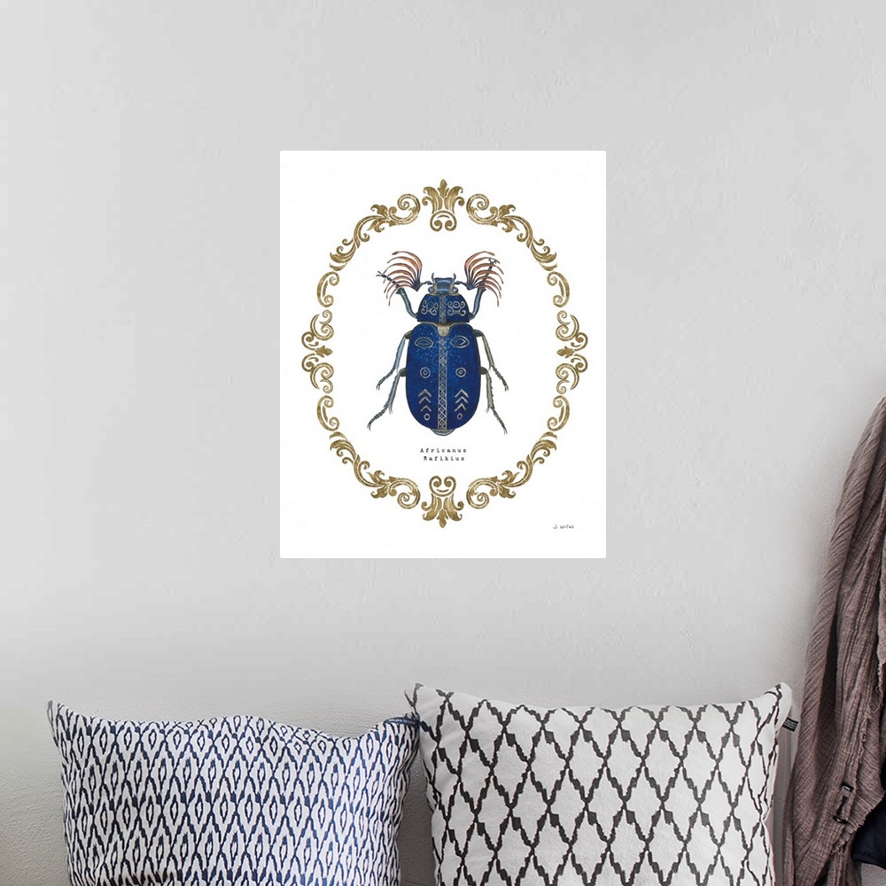 A bohemian room featuring Decorative artwork of beetle a surrounded by a baroque gold frame with the words, 'Africanus Rafi...