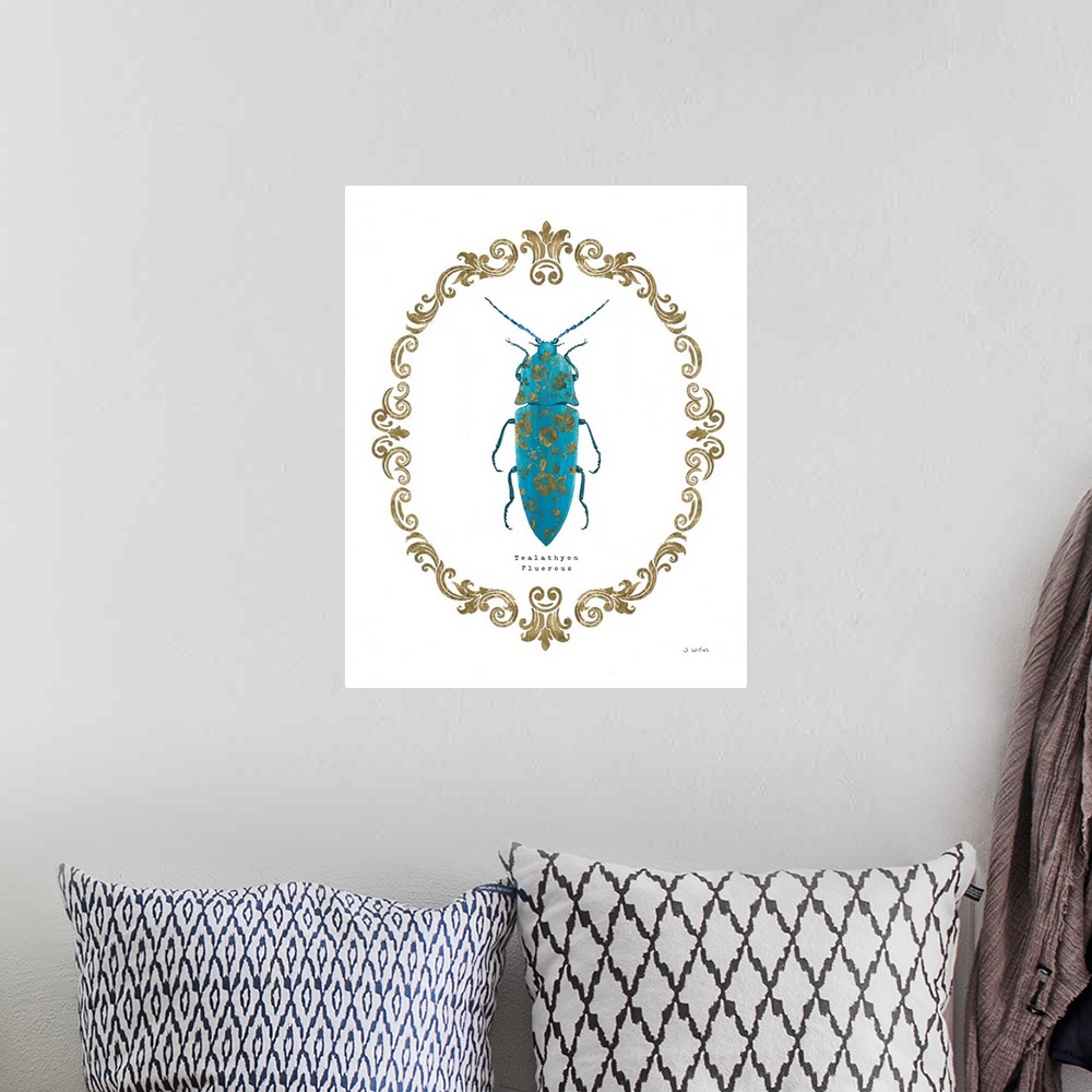 A bohemian room featuring Decorative artwork of beetle a surrounded by a baroque gold frame with the words, 'Tealathyon Flu...