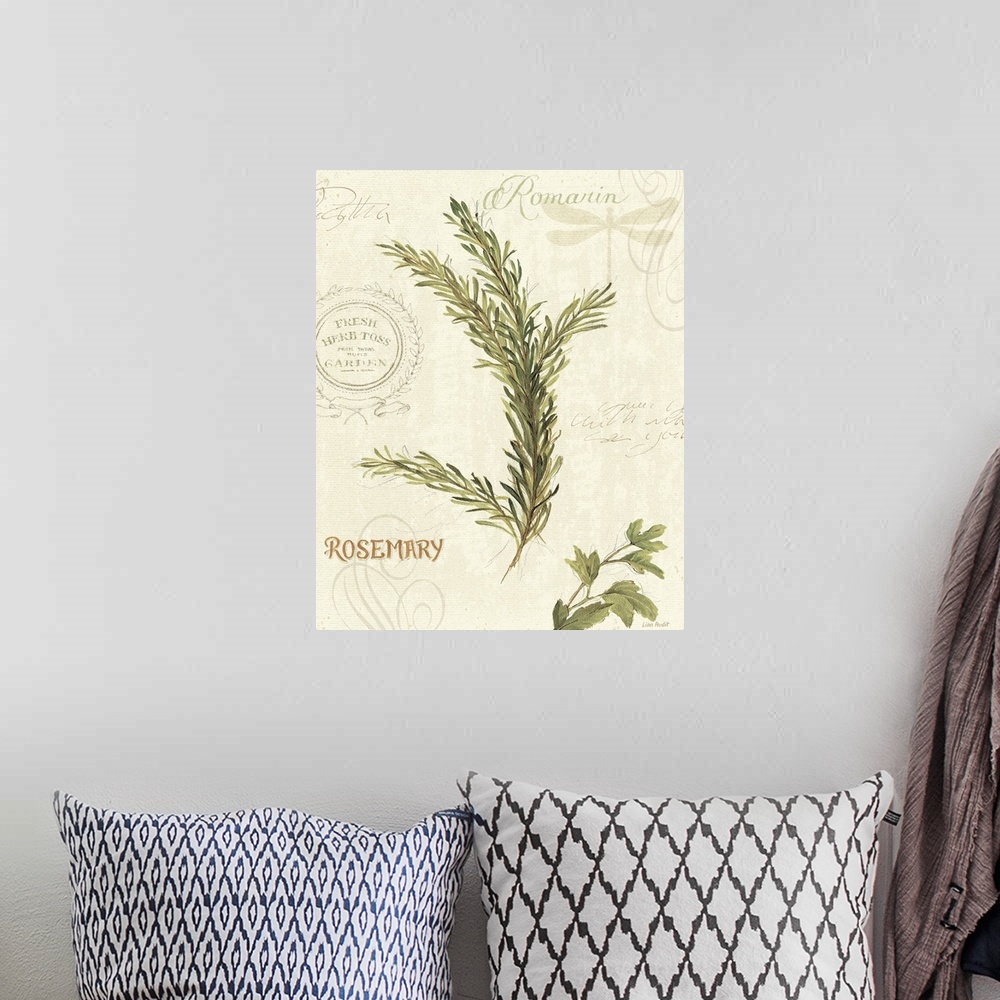 A bohemian room featuring Mixed media illustration of rosemary herbs with text in the background.