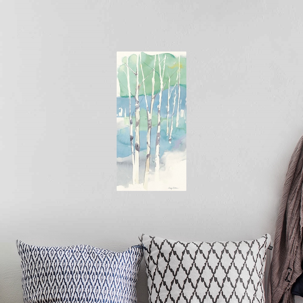 A bohemian room featuring Watercolor painting of thin aspen trees.