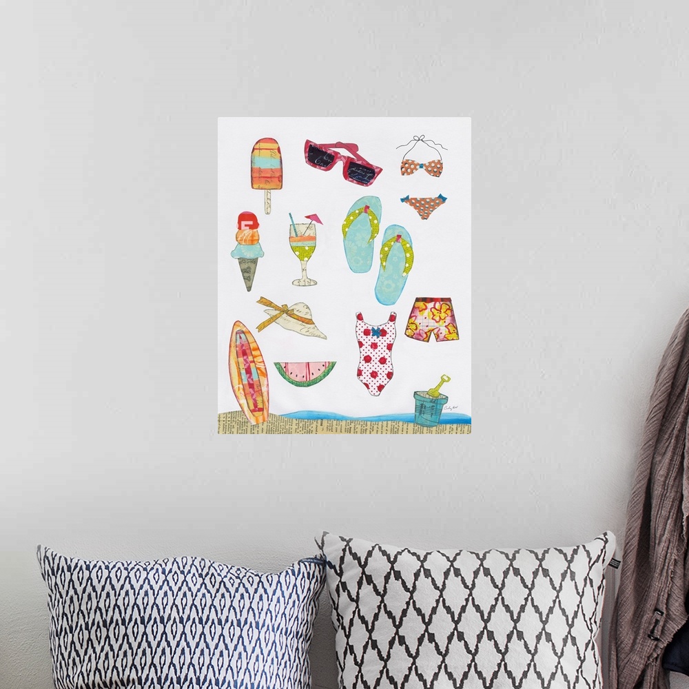 A bohemian room featuring Whimsy beach art created with mixed media.