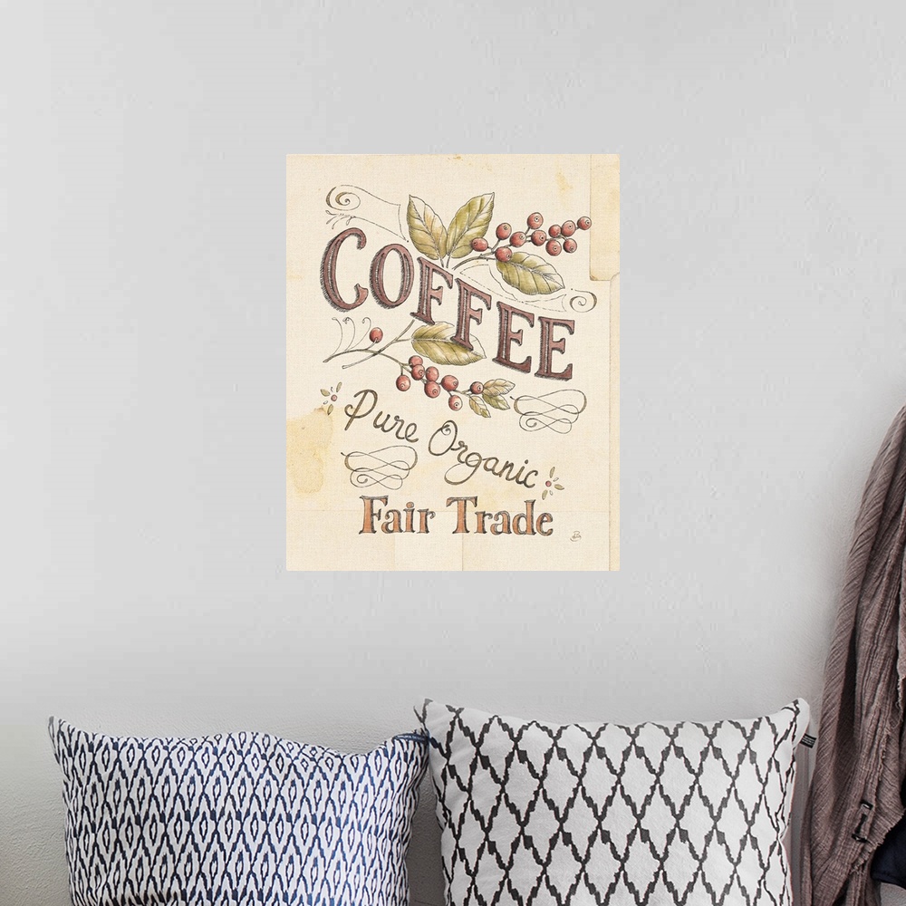 A bohemian room featuring Vintage Pure Organic Fair Trade Coffee Advertisement