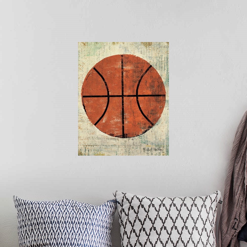 A bohemian room featuring Contemporary artwork of a basketball against a weathered beige background.